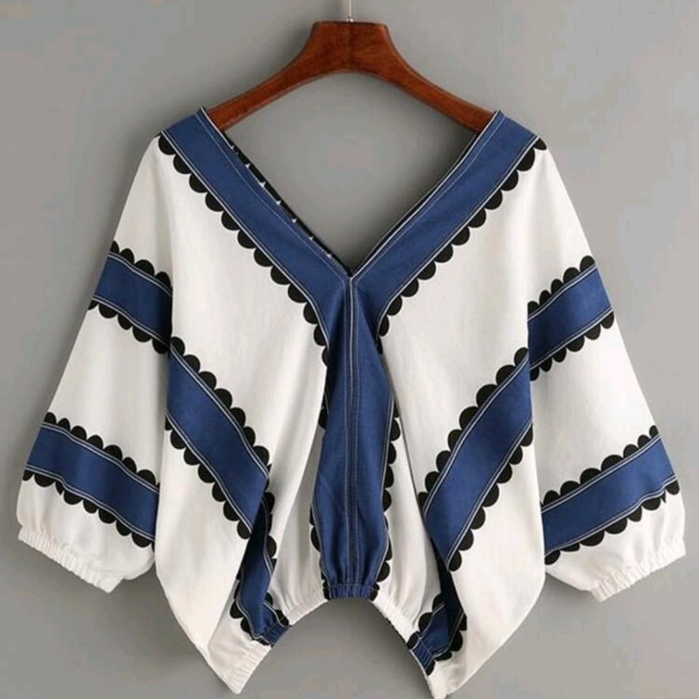 Plus Balloon Sleeve Striped Blouse